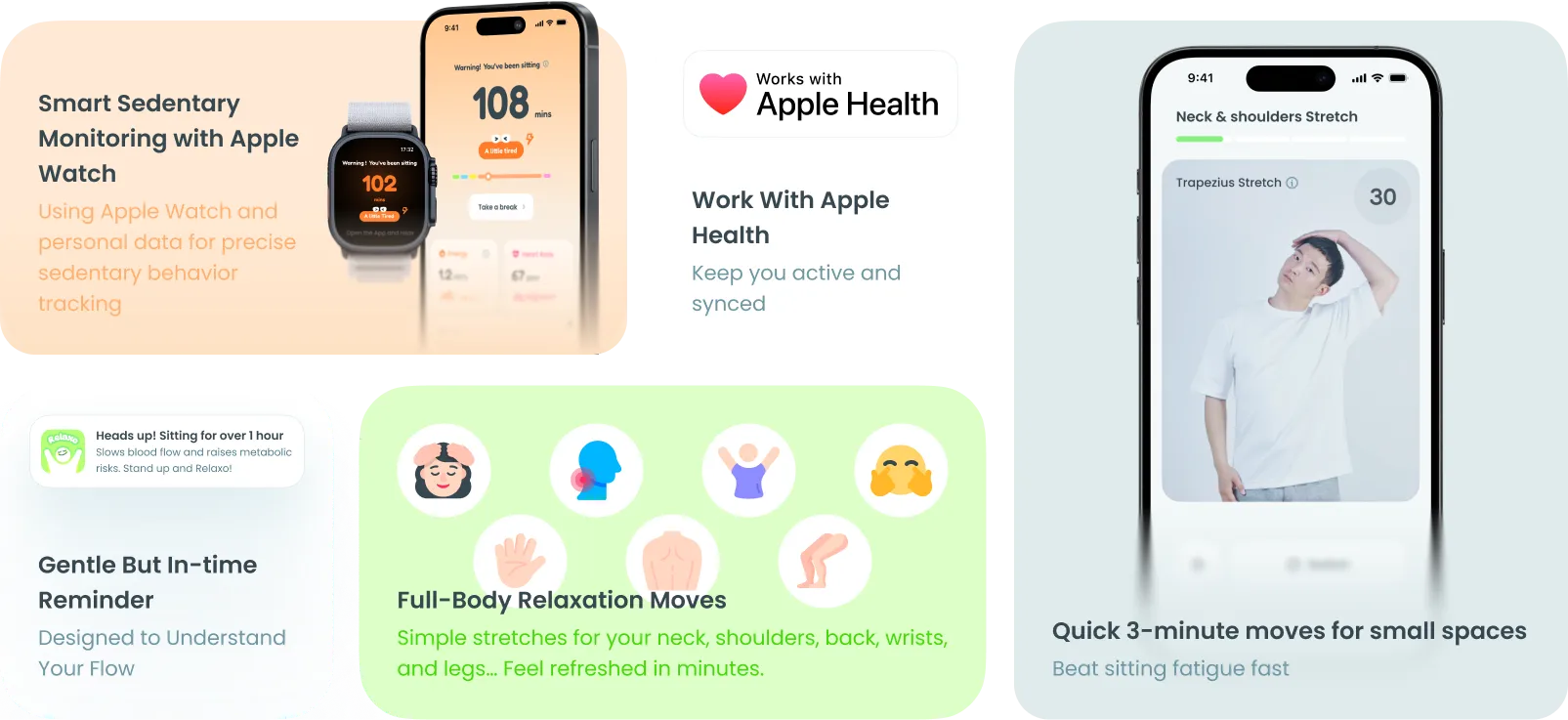 Relaxo feature cards Apple Watch health tracking